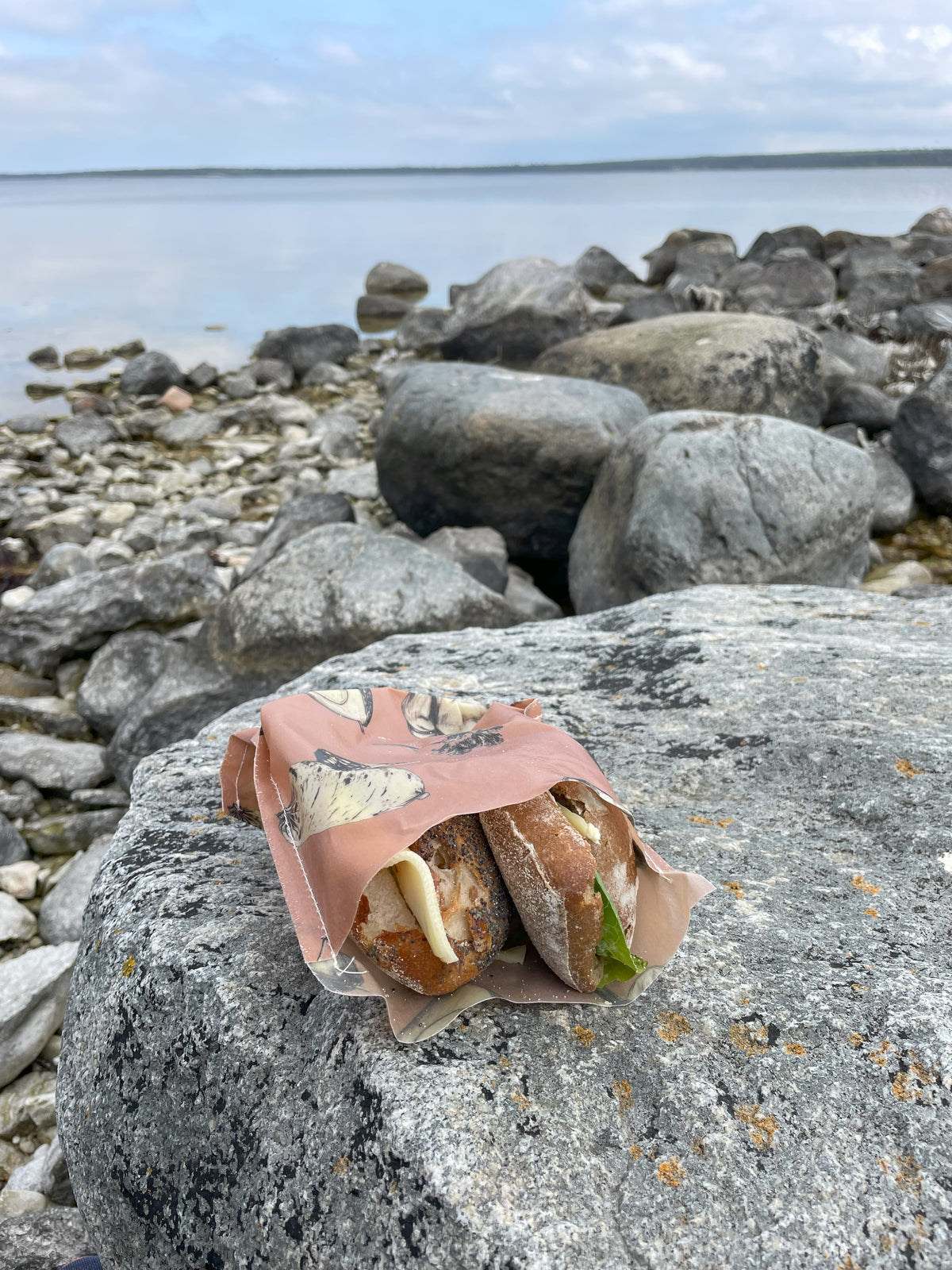 Deli bivaxpåse med smörgåsar i som ligger på en klippa 